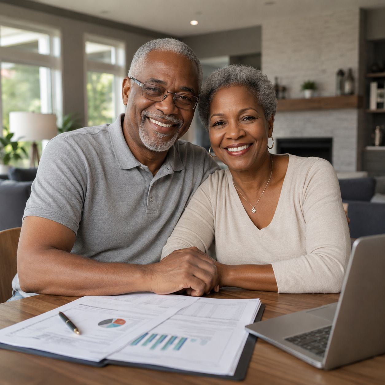 Senior couple smiling together while reviewing life insurance planning documents inside their Germantown Tennessee home.
