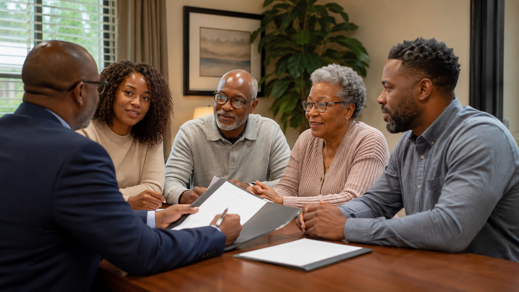 Adult children and parents discussing Final Expense Insurance and funeral planning with an advisor