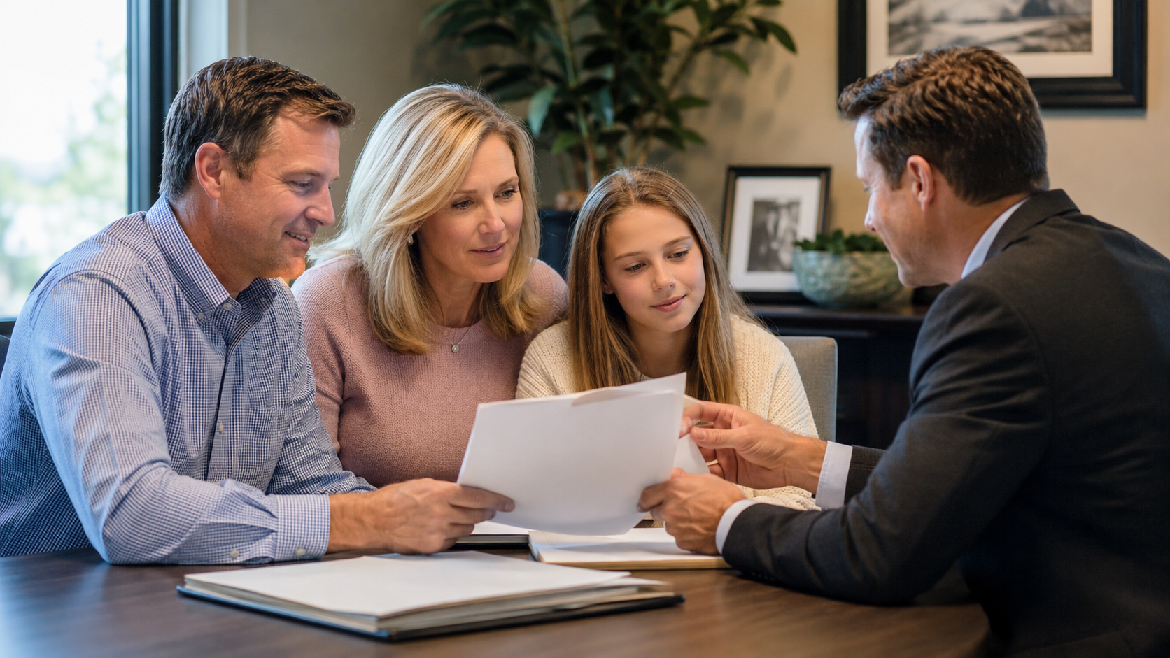 Family reviewing multiple life insurance policies and financial goals with an advisor Family reviewing multiple life insurance policies and financial goals with an advisor