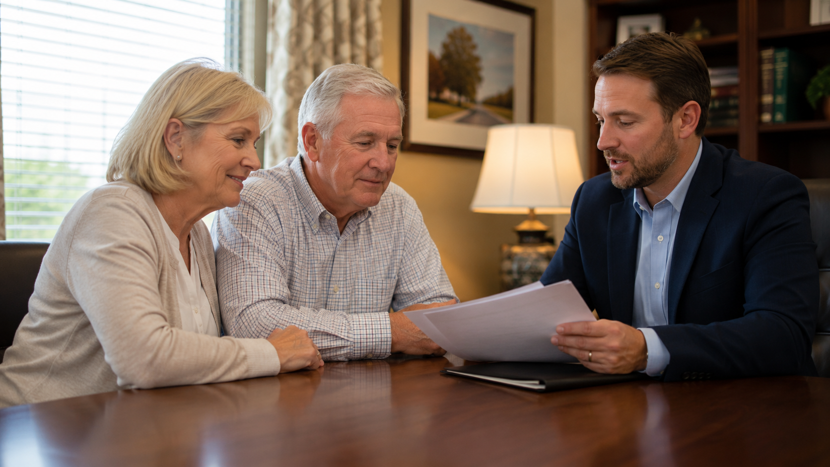 Family reviewing Final Expense Insurance policy and payment options with an advisor Family reviewing Final Expense Insurance policy and payment options with an advisor