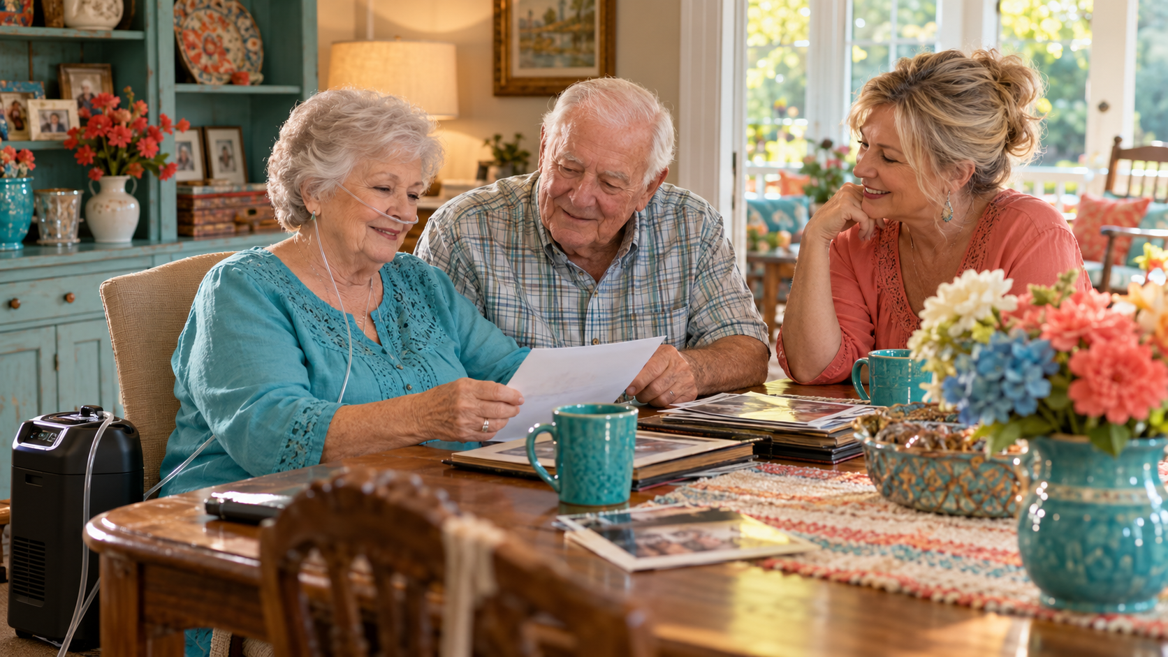 Senior white couple in West Memphis Arkansas discussing Final Expense Insurance while one spouse uses supplemental oxygen for COPD. Senior white couple in West Memphis Arkansas discussing Final Expense Insurance while one spouse uses supplemental oxygen for COPD.