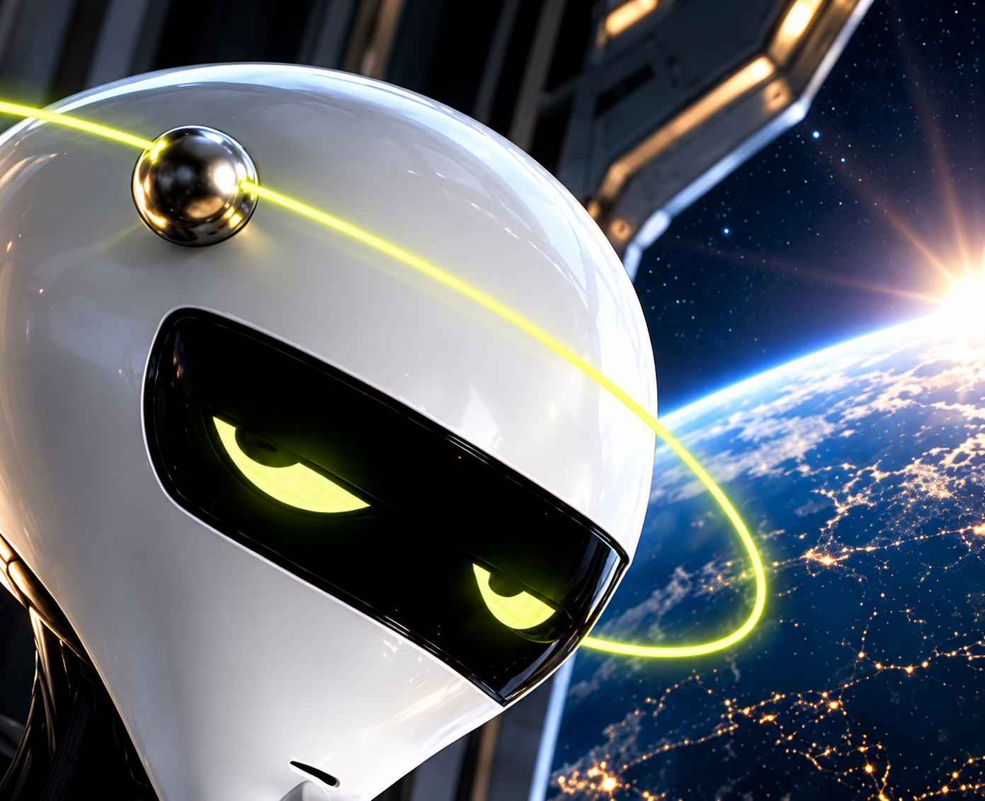 Chief, a white-headed extraterrestrial with a black visor and lime eyes, looking down at Earth from orbit