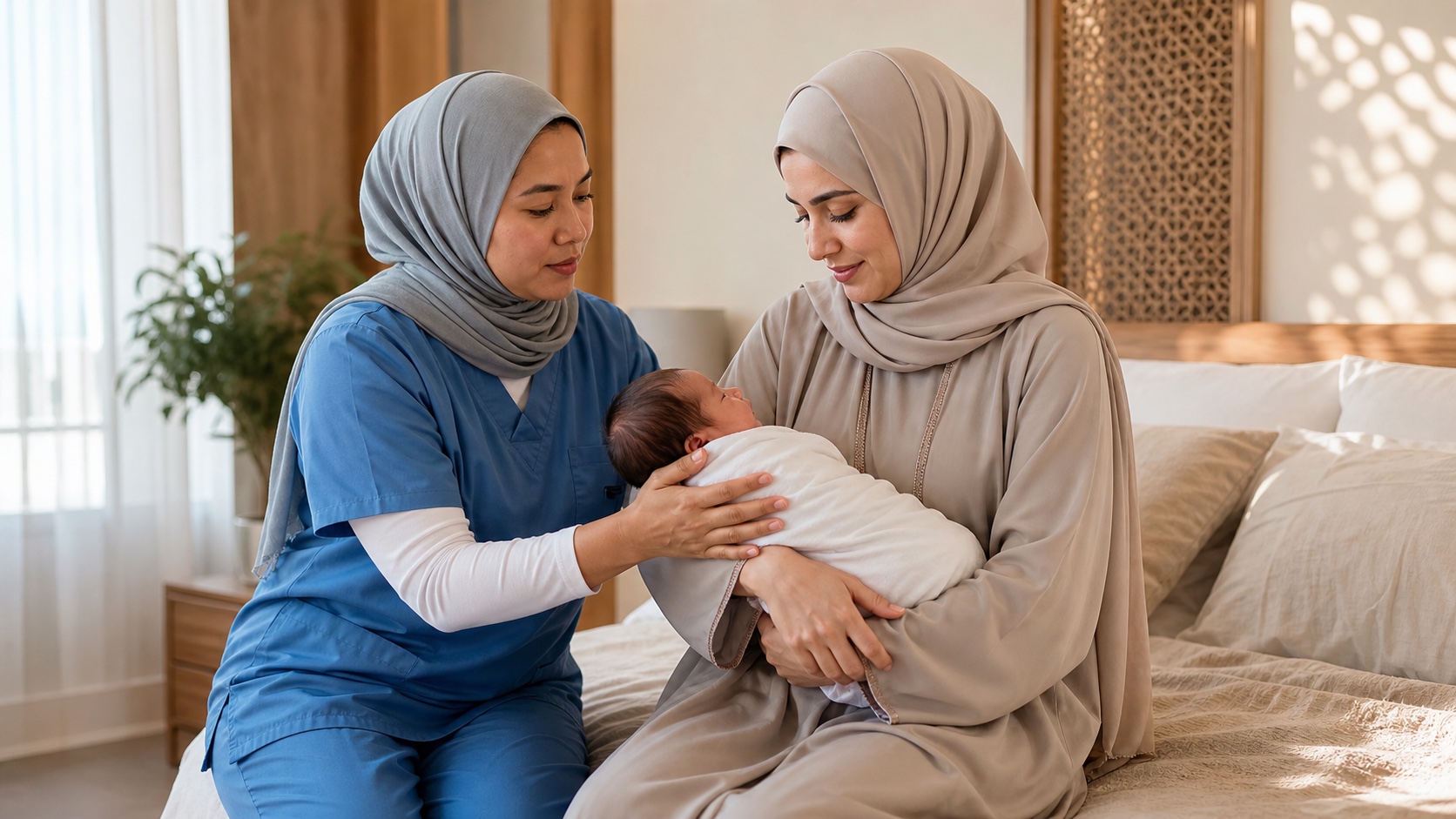 ممرضة تساعد أمًا على حمل مولودها داخل المنزل