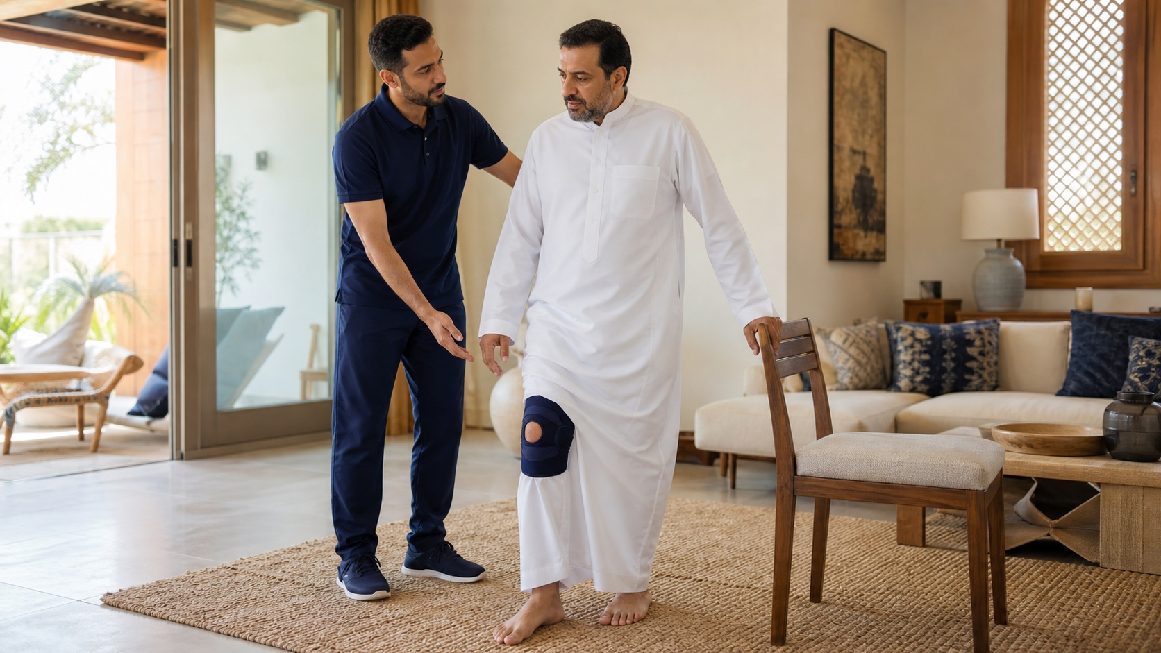 أخصائي علاج طبيعي يساند رجلًا يرتدي دعامة للركبة أثناء تمرين منزلي