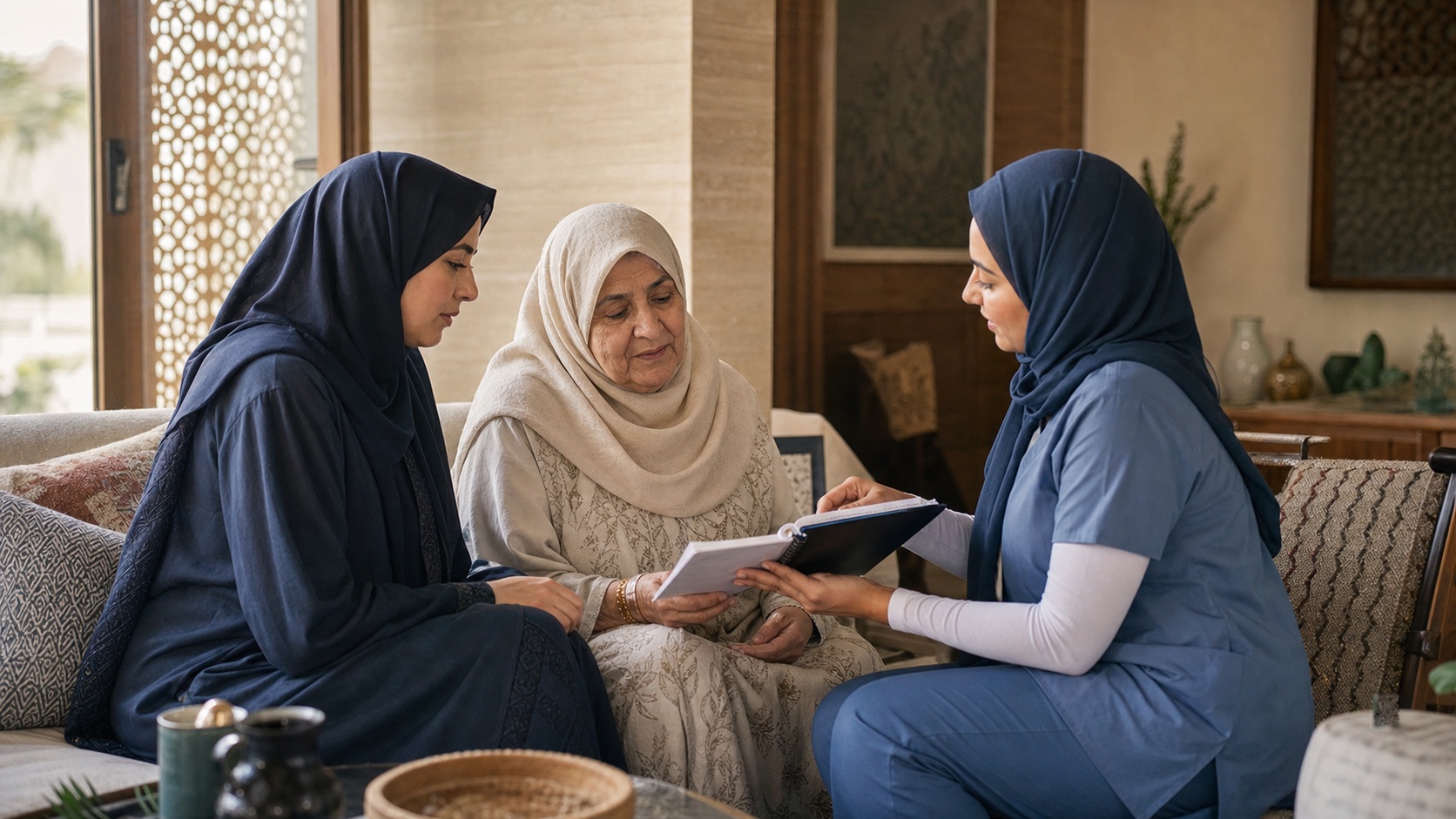 ممرضة تراجع خطة الرعاية مع سيدة كبيرة في السن ومرافقتها في المنزل