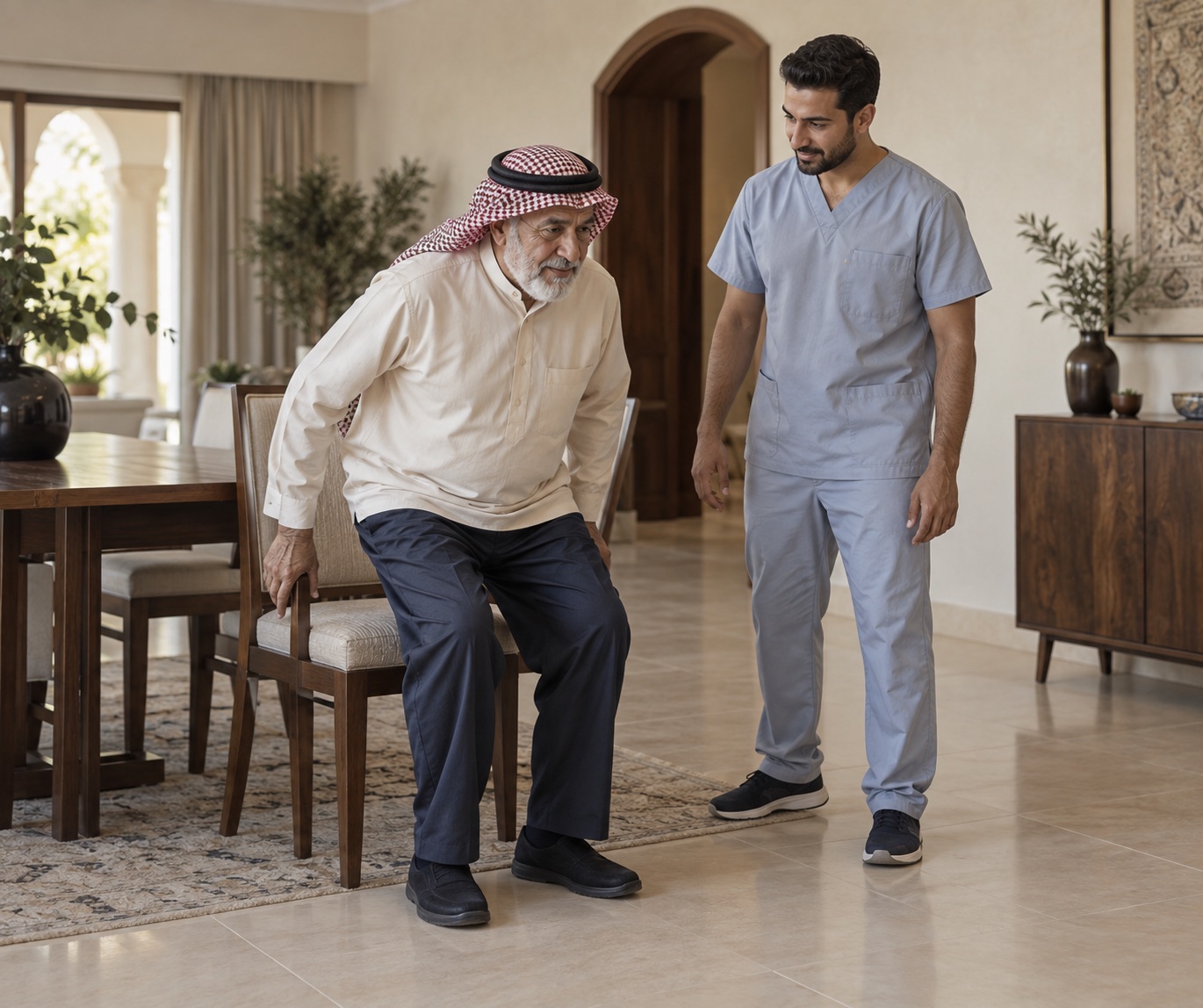 أخصائي علاج طبيعي يلاحظ رجلًا أثناء النهوض من كرسي في المنزل