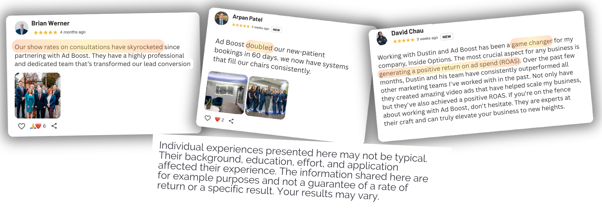 AdBoost client testimonial screenshots