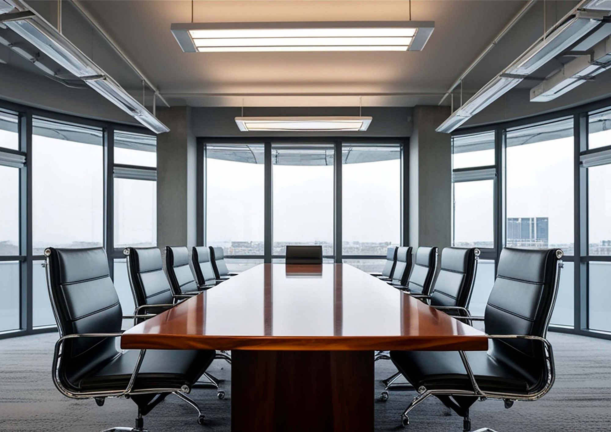 Executive boardroom in a New York City office with an integrated audio visual and video conferencing system
