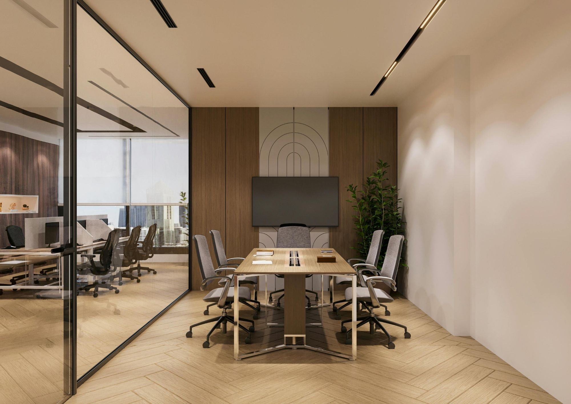 Modern small meeting room with a wall display and collaboration system in a New York office