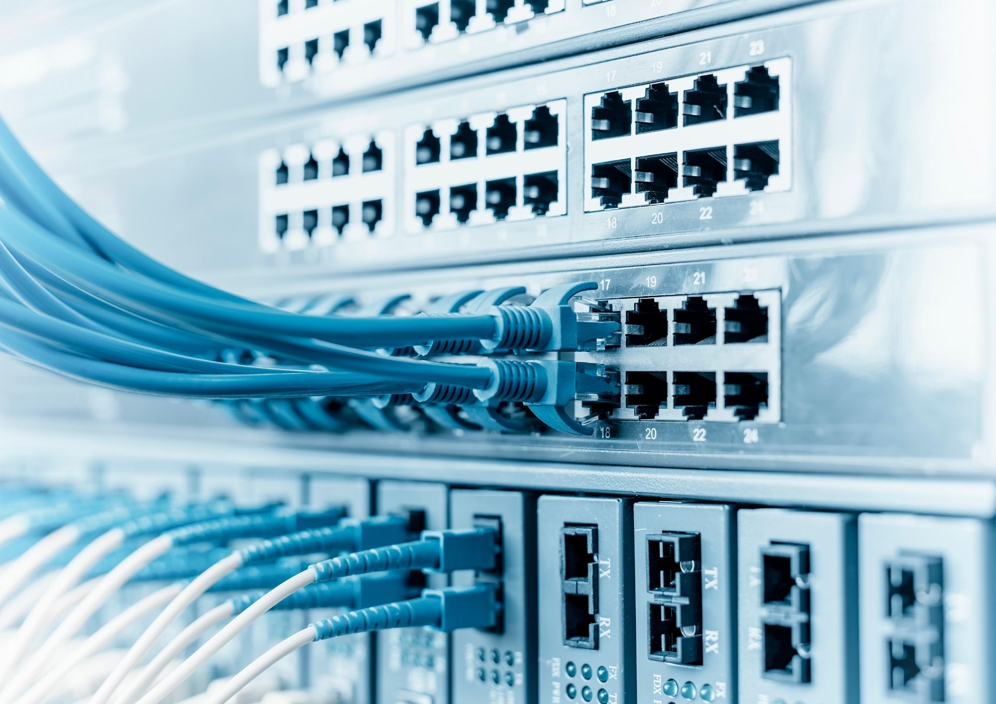 Commercial network switch and structured cabling installation in a New York City office network room
