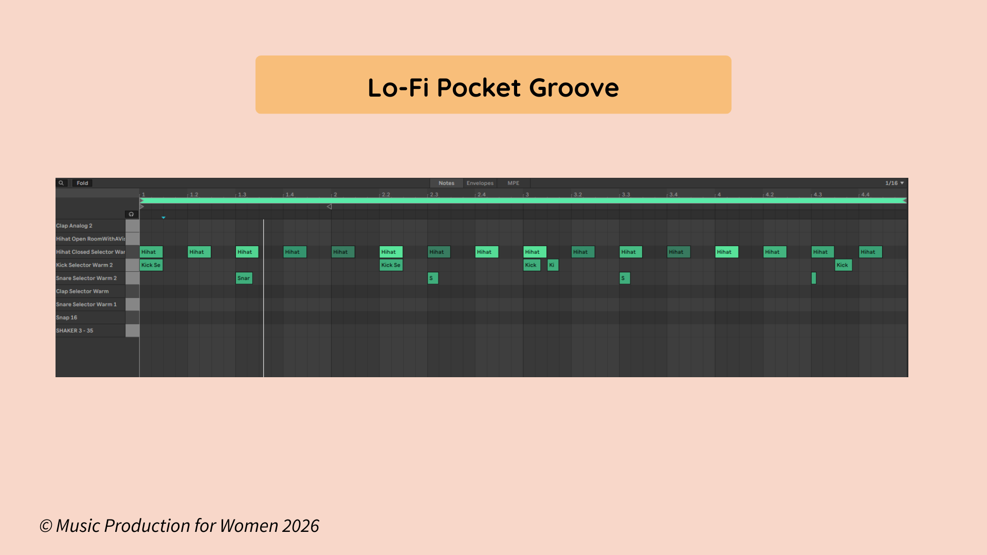“Lo-Fi Pocket Groove” title above an Ableton MIDI clip showing a laid-back lo-fi drum pattern with hats, kick, and snare placements.