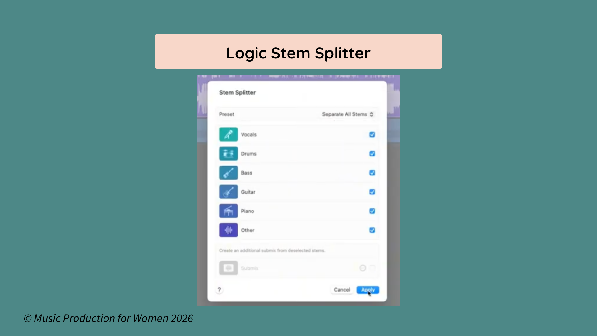 Logic Pro Stem Splitter window separating vocals, drums, bass, guitar, piano, and other instruments from one audio track.