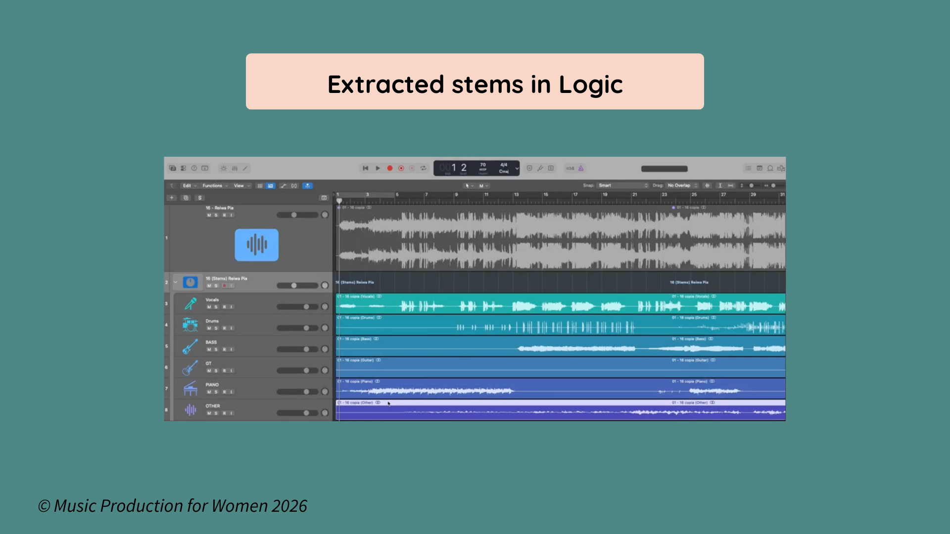 Extracted stems displayed in Logic Pro on separate tracks after using the built-in stem splitter.