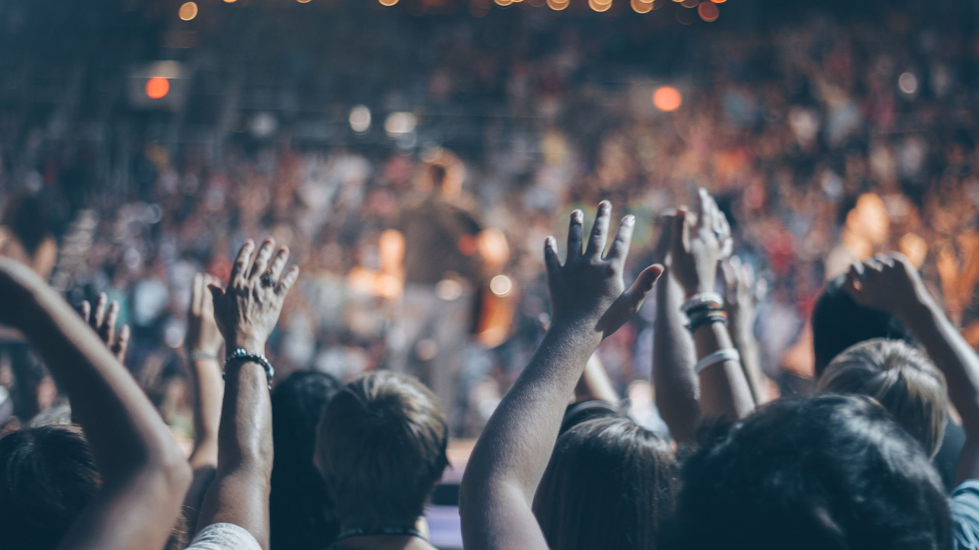 Crowd of music fans with raised hands at a live concert, representing the loyal community built through a musician's website and newsletter. Crowd of music fans with raised hands at a live concert, representing the loyal community built through a musician's website and newsletter.