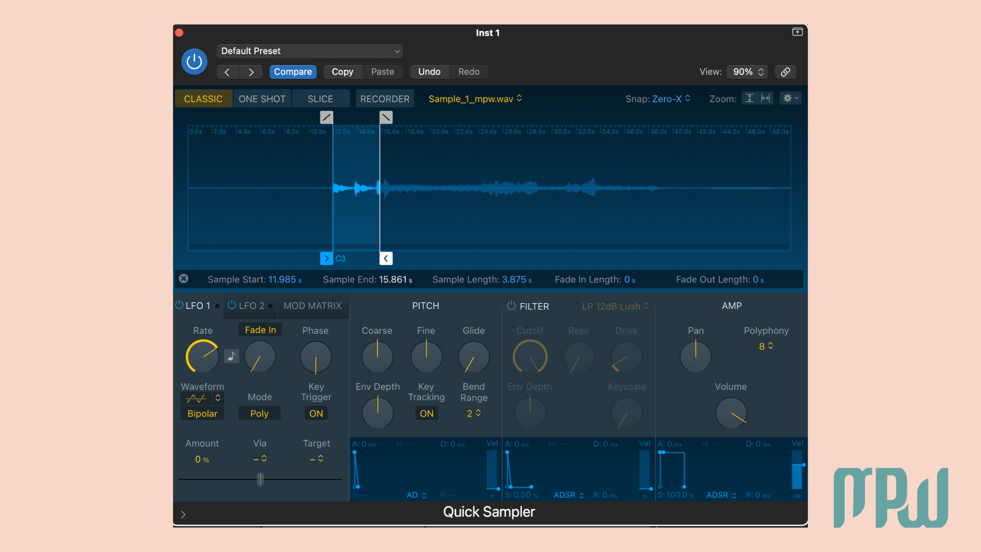 Logic Pro X Quick Sampler interface showing a sample loaded in Classic mode with waveform, filter, LFO, and amp controls