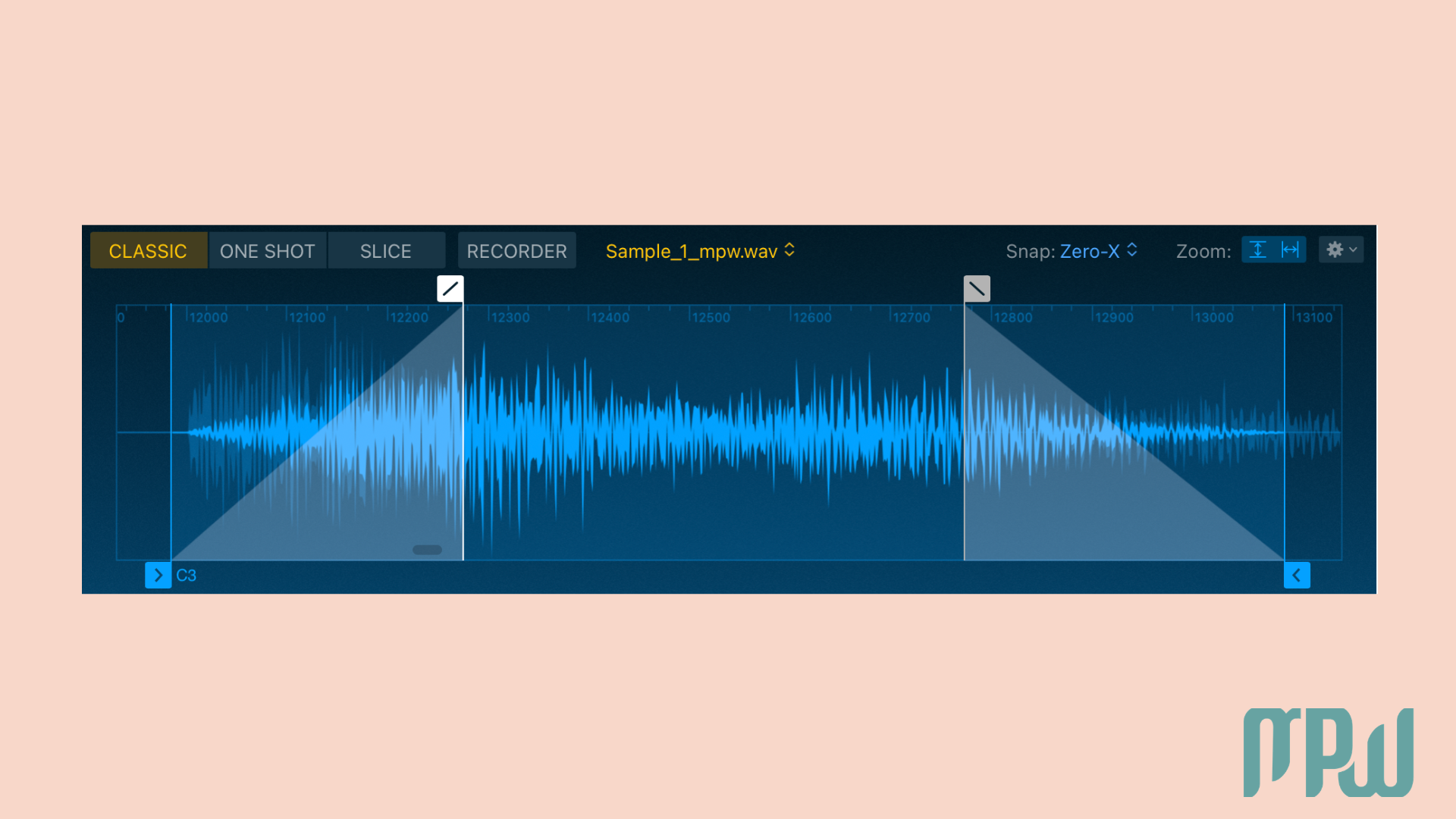 Logic Pro X Quick Sampler waveform showing sample start and end points with fade in and fade out handles