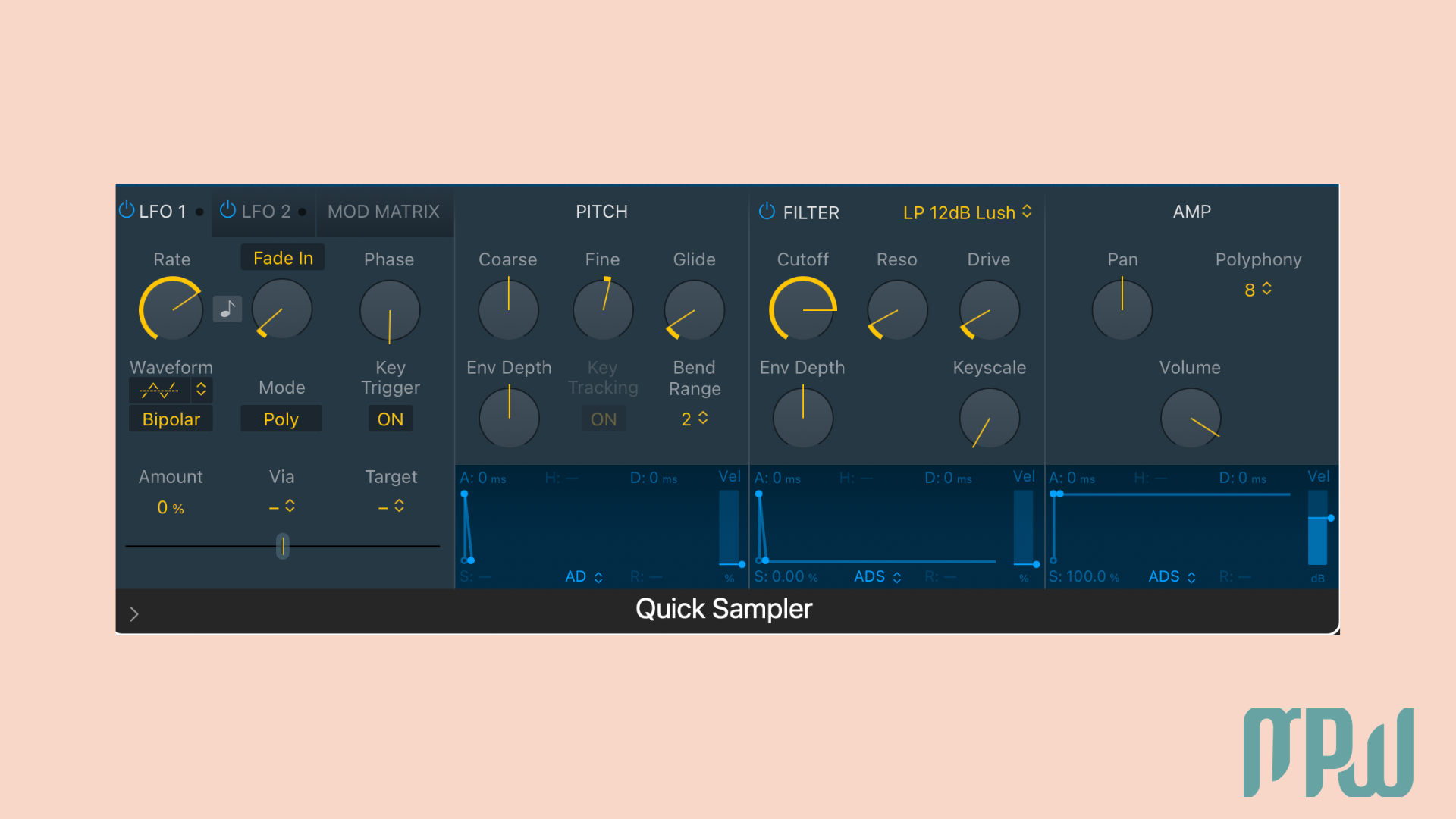 Logic Pro X Quick Sampler controls showing LFO, pitch, filter, and amp envelope settings