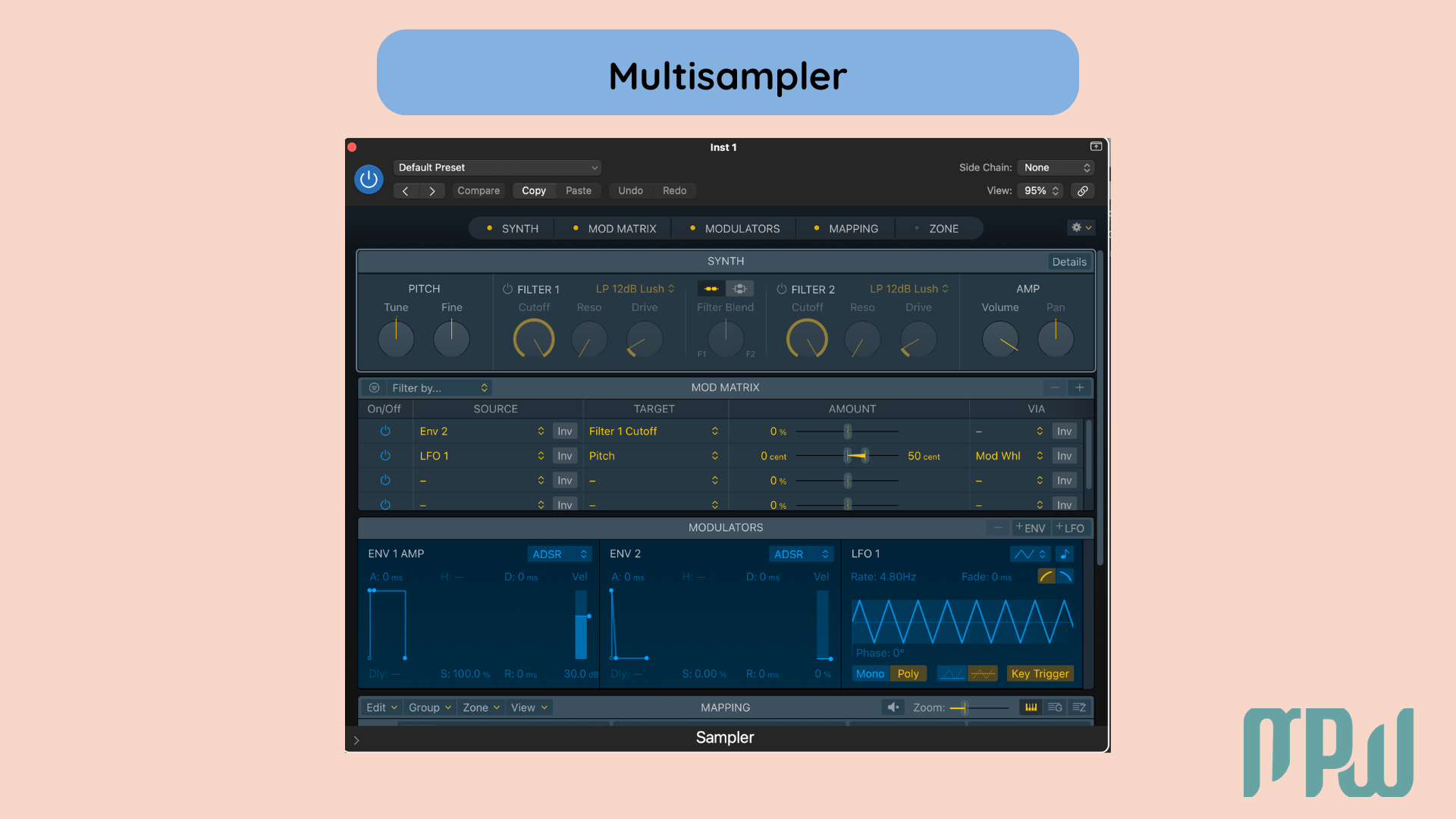 Logic Pro X Sampler interface showing multi-sample instrument controls, modulation matrix, envelopes, and mapping sections.
