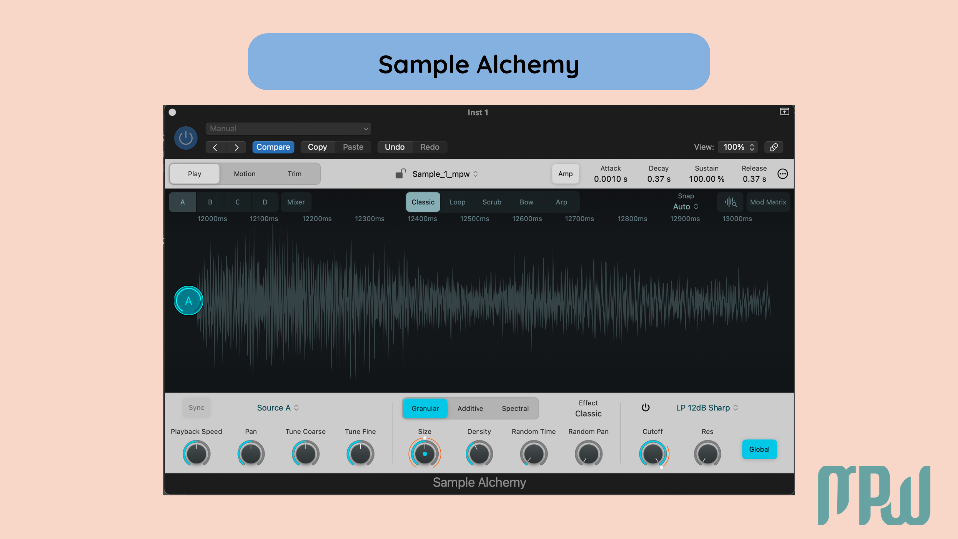 Logic Pro X Sample Alchemy interface showing waveform playback and granular sound design controls.