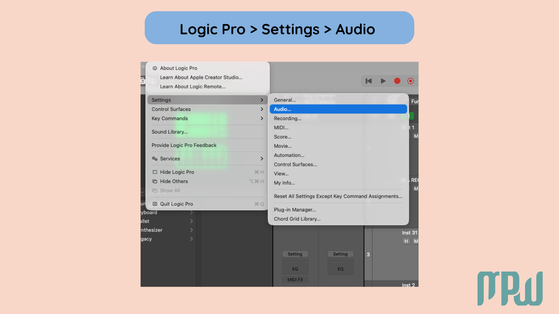 Logic Pro menu showing the path to Settings and Audio for recording setup