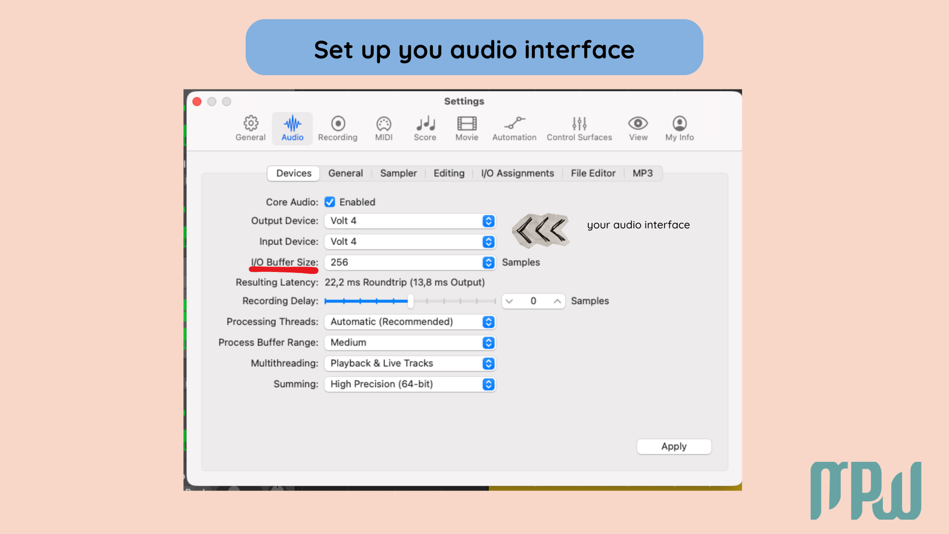 Logic Pro audio settings showing input and output device selection for vocal recording