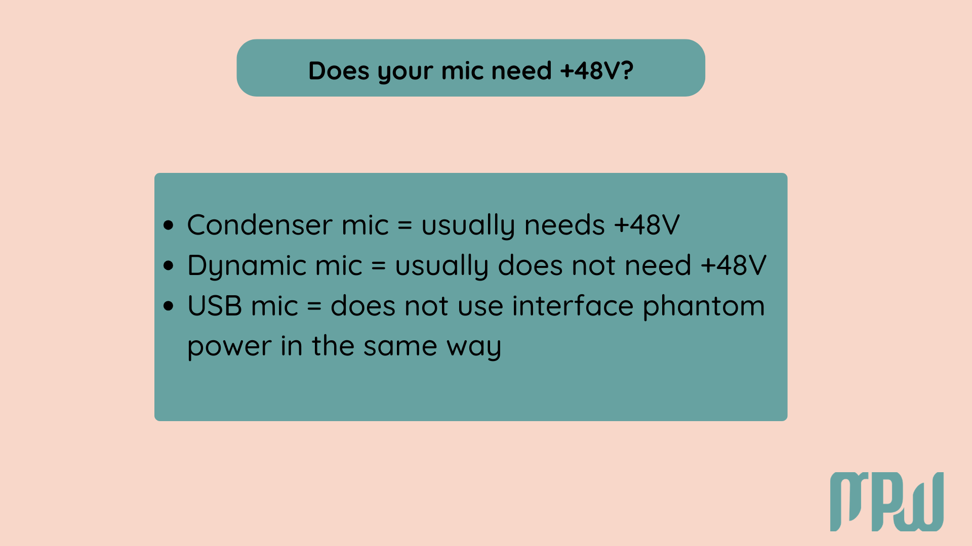 Slide explaining when condenser, dynamic, and USB microphones need phantom power