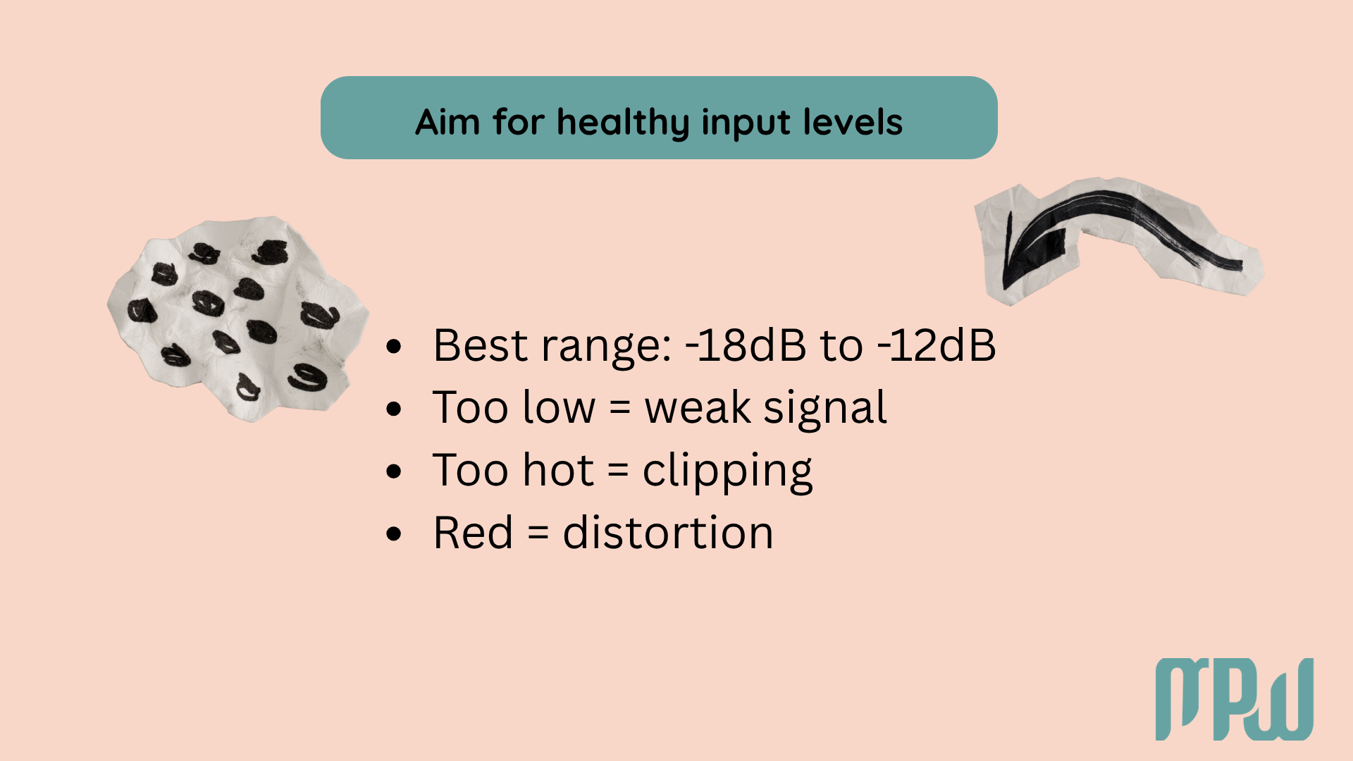 Slide showing healthy vocal recording input levels between minus 18 dB and minus 12 dB