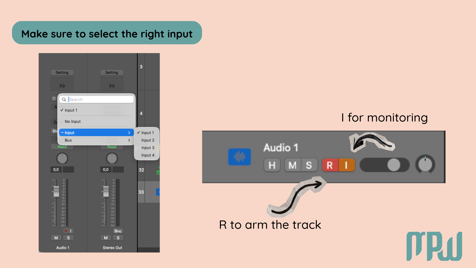  Logic Pro track controls showing input selection, record arm button, and input monitoring button