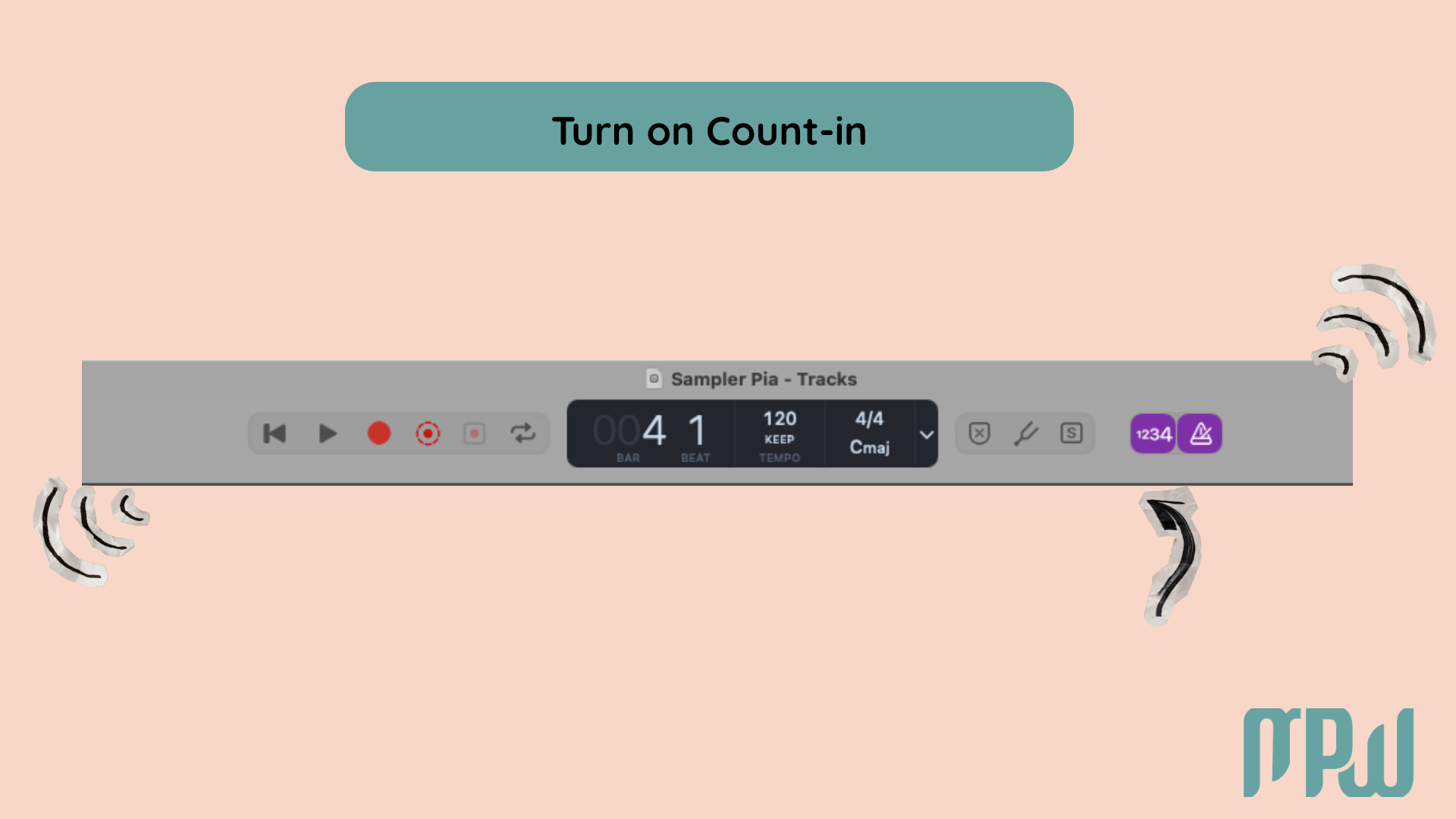 Logic Pro control bar showing the count-in button for vocal recording