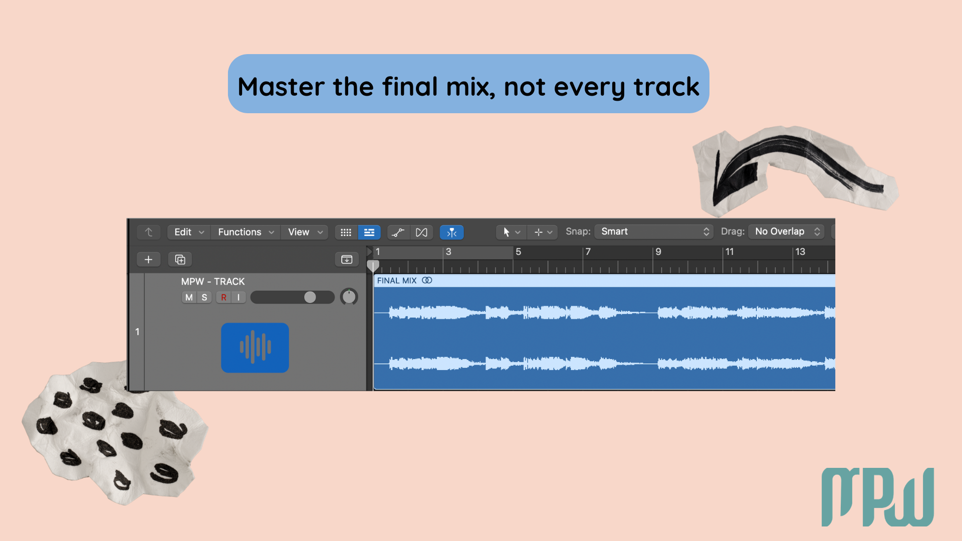 Logic Pro example showing that mastering is done on the final stereo mix, not on every individual track