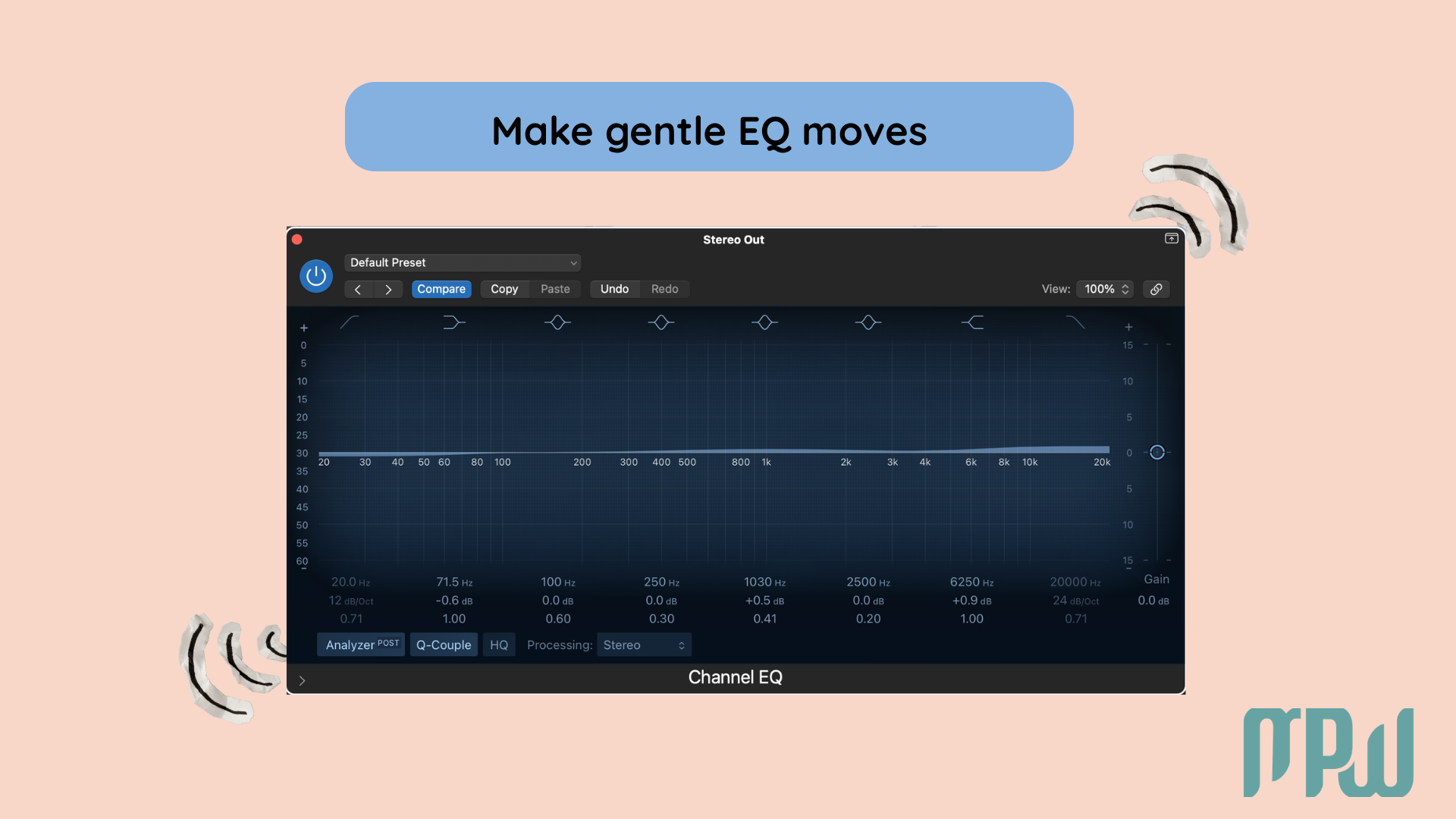 Channel EQ in Logic Pro used for subtle mastering EQ adjustments on the stereo output