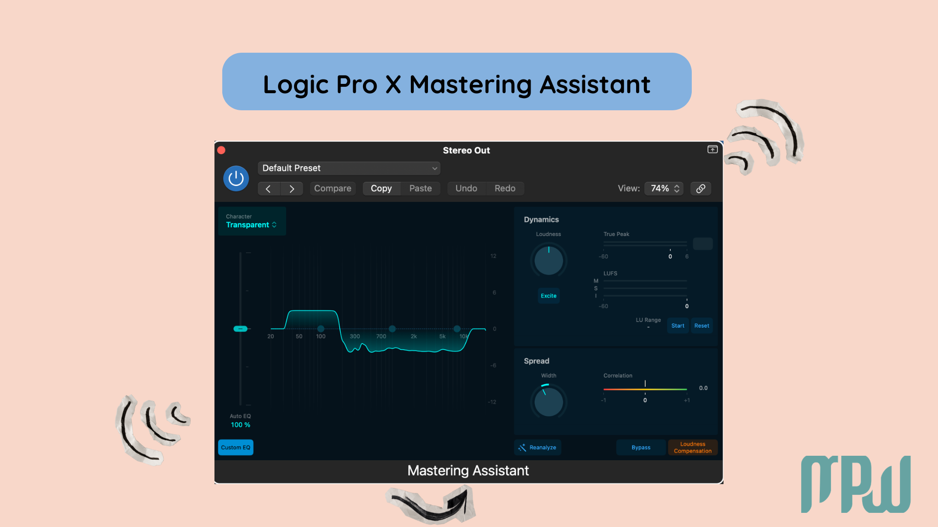 Logic Pro X Mastering Assistant interface showing EQ, loudness, and stereo width controls