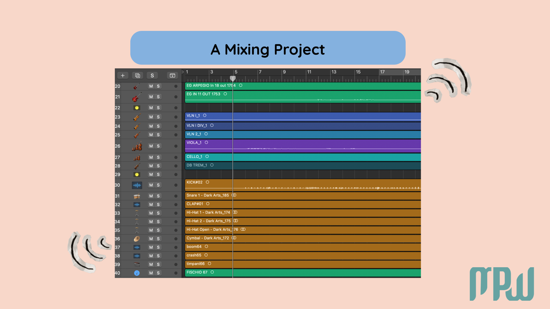  Logic Pro mixing project with multiple individual tracks before mastering