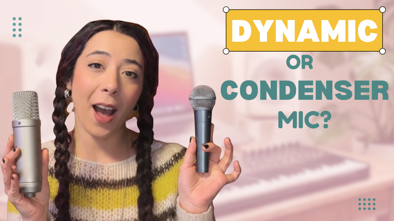 Pia from MPW showing a dynamic and a condenser mic ina Youtube Thumbnail