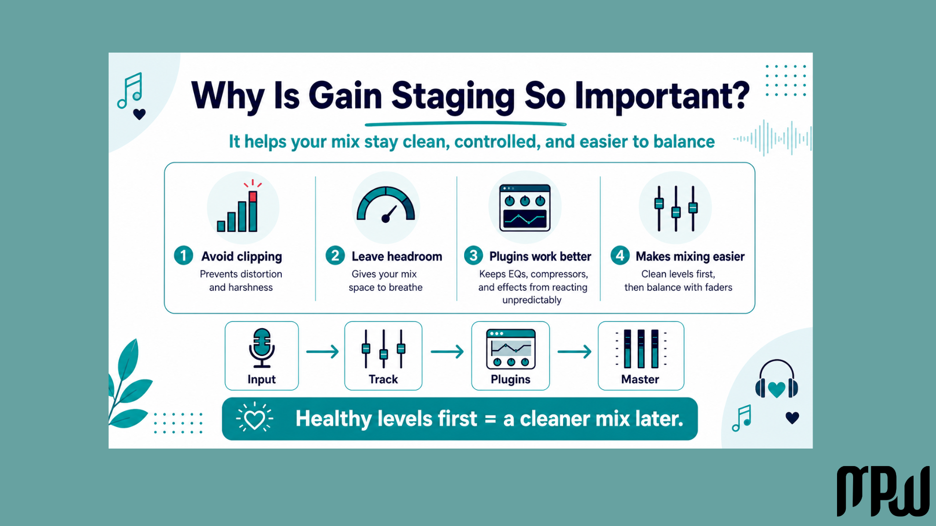Beginner-friendly gain staging infographic explaining why healthy levels help avoid clipping, leave headroom, and make mixing easier