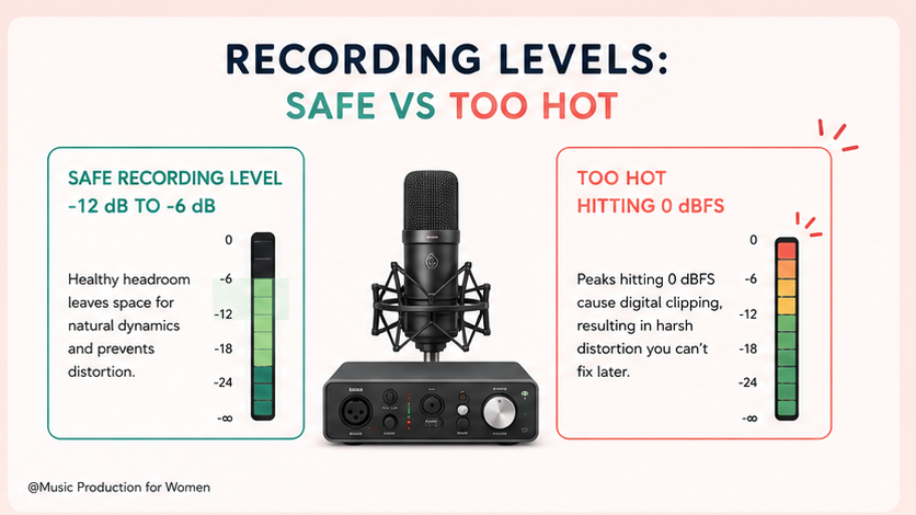 Recording levels infographic showing a safe vocal recording level between -12 dB and -6 dB compared with a too-hot signal hitting 0 dBFS.