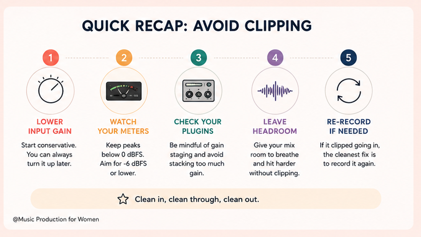 Quick recap infographic with five steps to avoid clipping: lower input gain, watch meters, check plugins, leave headroom, and re-record if needed.