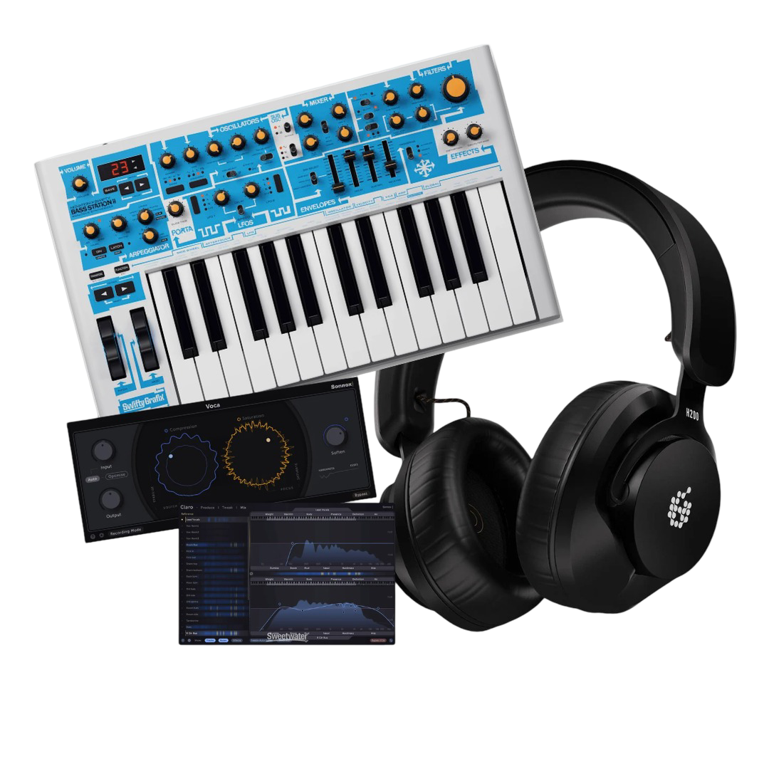 SoundLab giveaway featuring a Novation Bass Station II, ADAM Audio headphones, and music production plugins