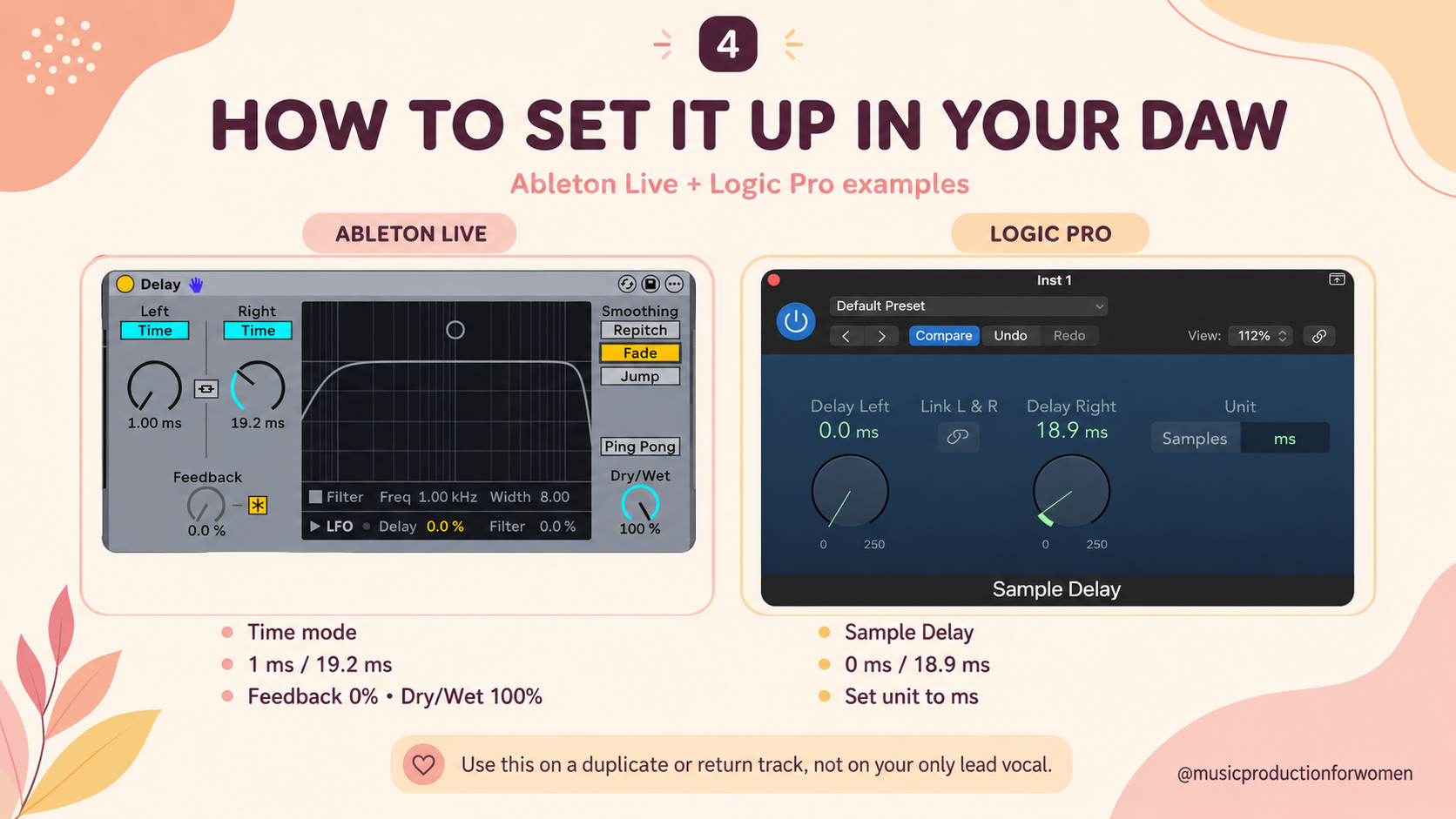 Ableton Live and Logic Pro delay plugin examples showing Haas effect settings, including short delay times, zero feedback, and 100% wet signal on a duplicate or return track. Ableton Live and Logic Pro delay plugin examples showing Haas effect settings, including short delay times, zero feedback, and 100% wet signal on a duplicate or return track.
