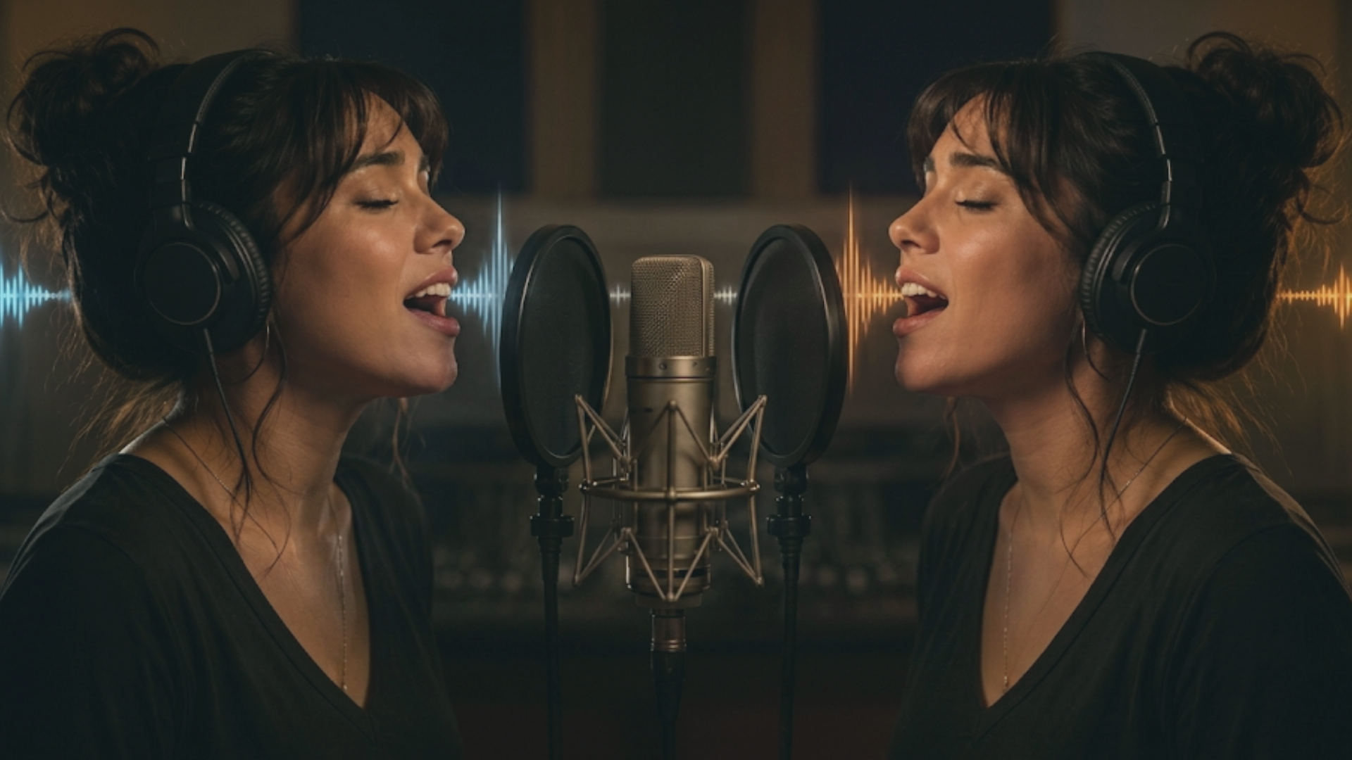 A female vocalist singing into a studio condenser microphone while wearing headphones, visually demonstrating the music production technique of vocal doubling with blue and orange audio waveforms in the background. A female vocalist singing into a studio condenser microphone while wearing headphones, visually demonstrating the music production technique of vocal doubling with blue and orange audio waveforms in the background.