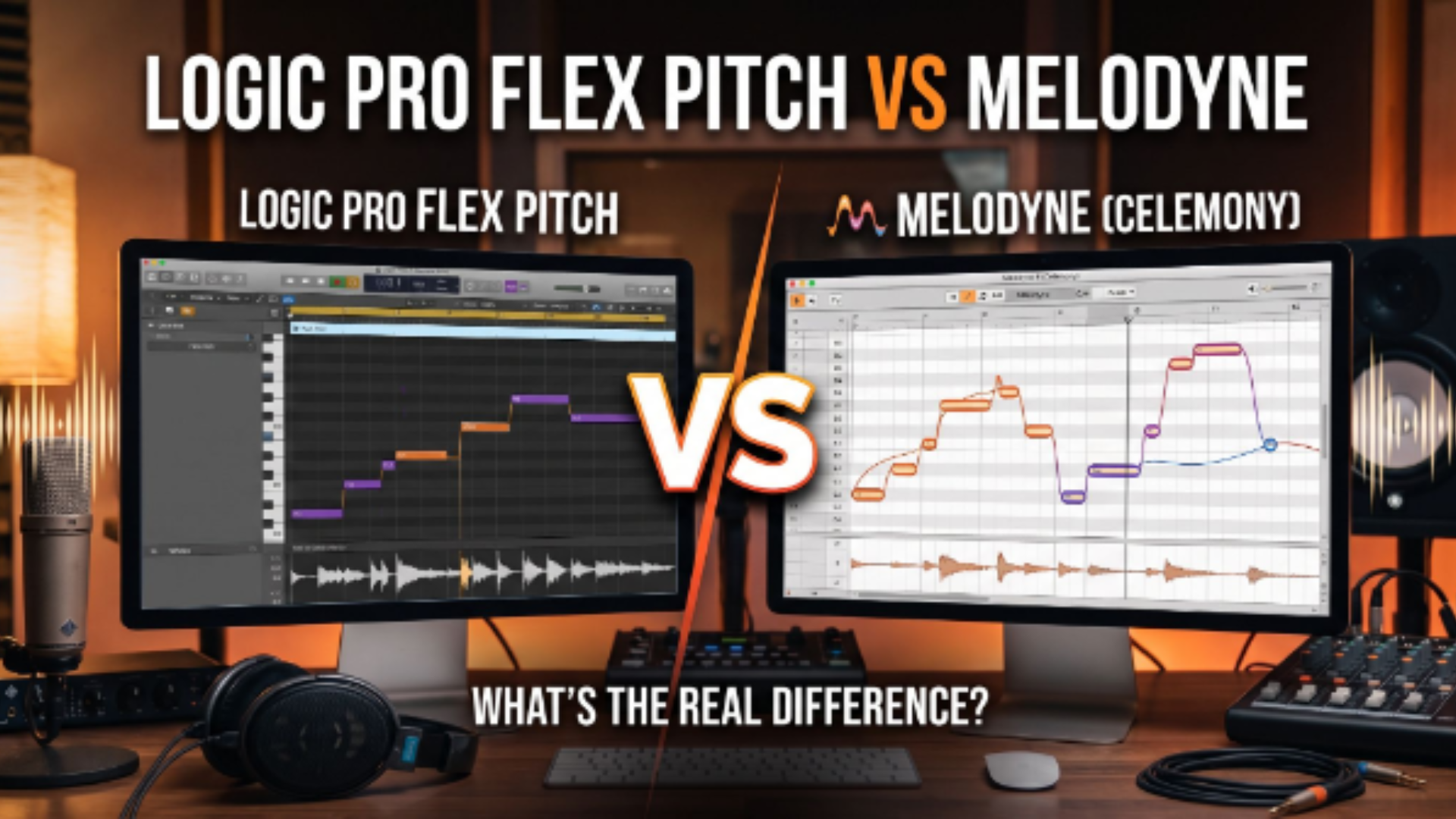 An infographic image comparing two vocal tuning software options, titled 'LOGIC PRO FLEX PITCH VS MELODYNE' at the top, with an orange vertical line and 'VS' graphic in the center. The bottom text reads 'WHAT'S THE REAL DIFFERENCE?'