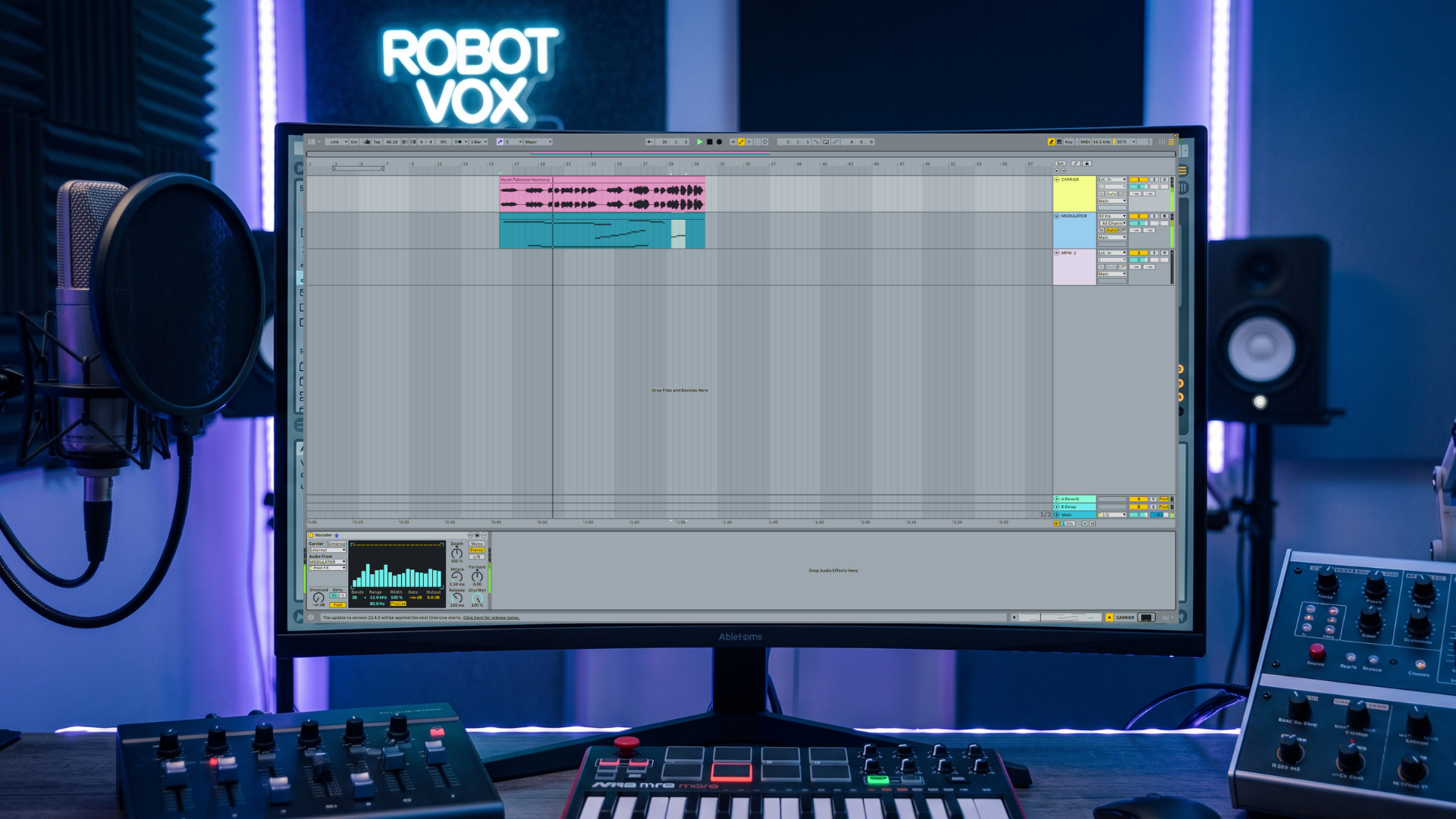 Ableton Live Vocoder session with vocal and MIDI carrier tracks in a home recording studio. Ableton Live Vocoder session with vocal and MIDI carrier tracks in a home recording studio.