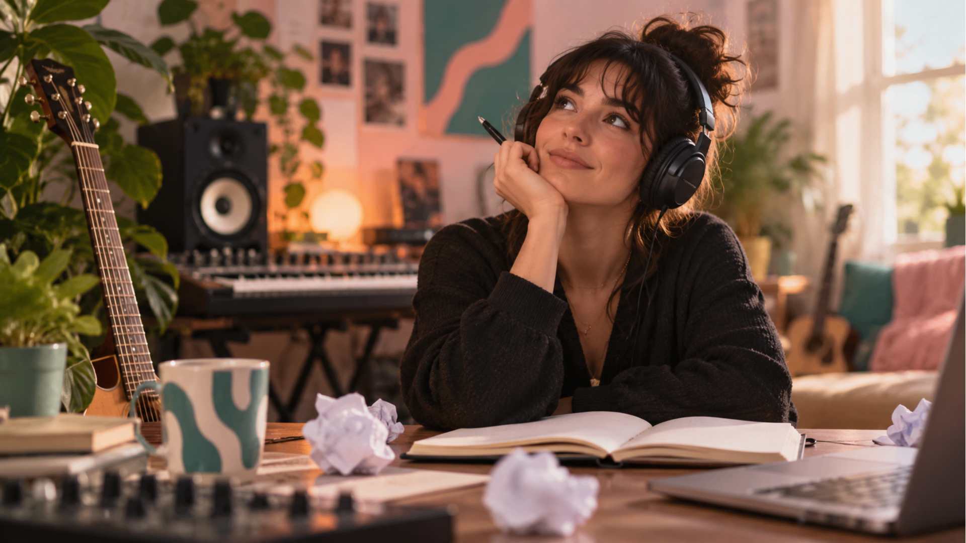 A young woman songwriter wearing headphones sits at a desk in a cozy home music studio, holding a pen over an open notebook while surrounded by a guitar, MIDI keyboard, studio monitor, laptop and crumpled paper, representing songwriter’s block and searching for creative inspiration.A young woman songwriter wearing headphones sits at a desk in a cozy home music studio, holding a pen over an open notebook while surrounded by a guitar, MIDI keyboard, studio monitor, laptop and crumpled paper, representing songwriter’s block and searching for creative inspiration.