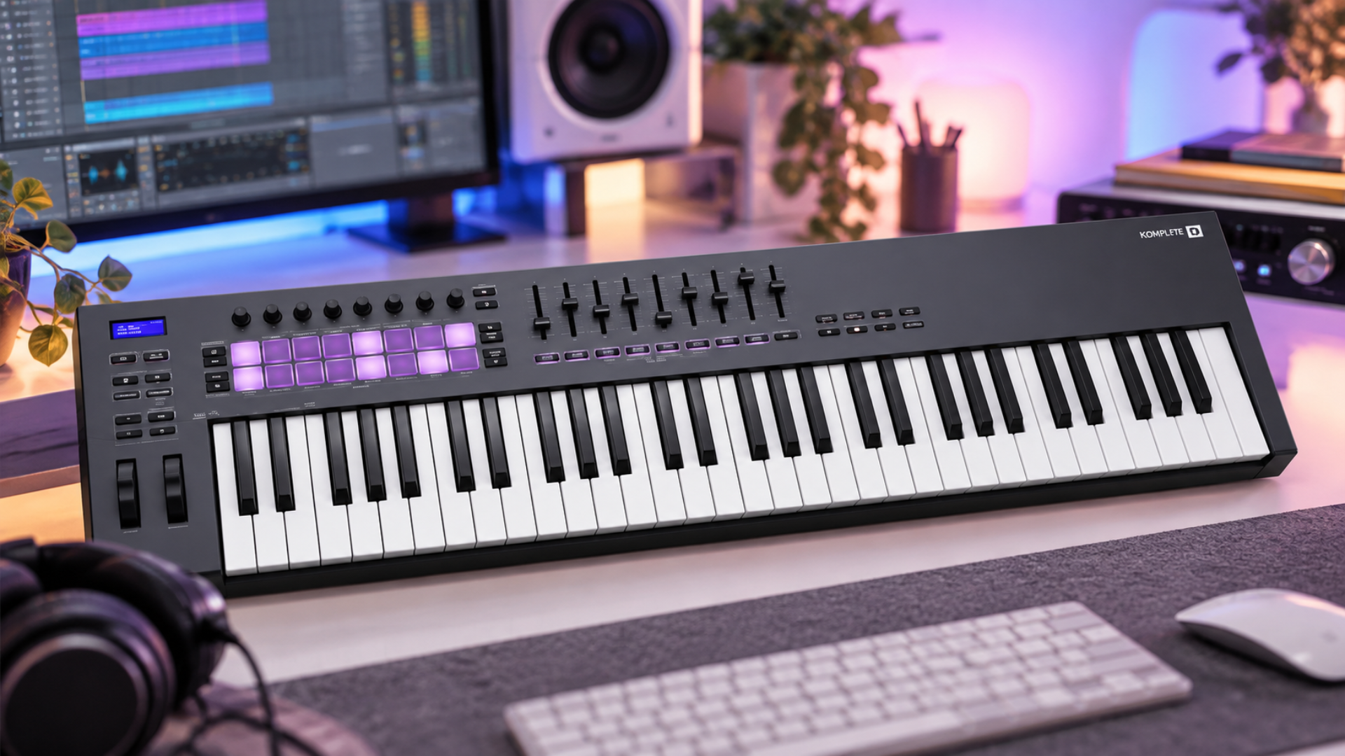 A black MIDI keyboard with purple-lit pads, knobs, and faders sits prominently on a modern music production desk, surrounded by studio equipment, a computer displaying music production software, and soft purple and blue ambient lighting. A black MIDI keyboard with purple-lit pads, knobs, and faders sits prominently on a modern music production desk, surrounded by studio equipment, a computer displaying music production software, and soft purple and blue ambient lighting.