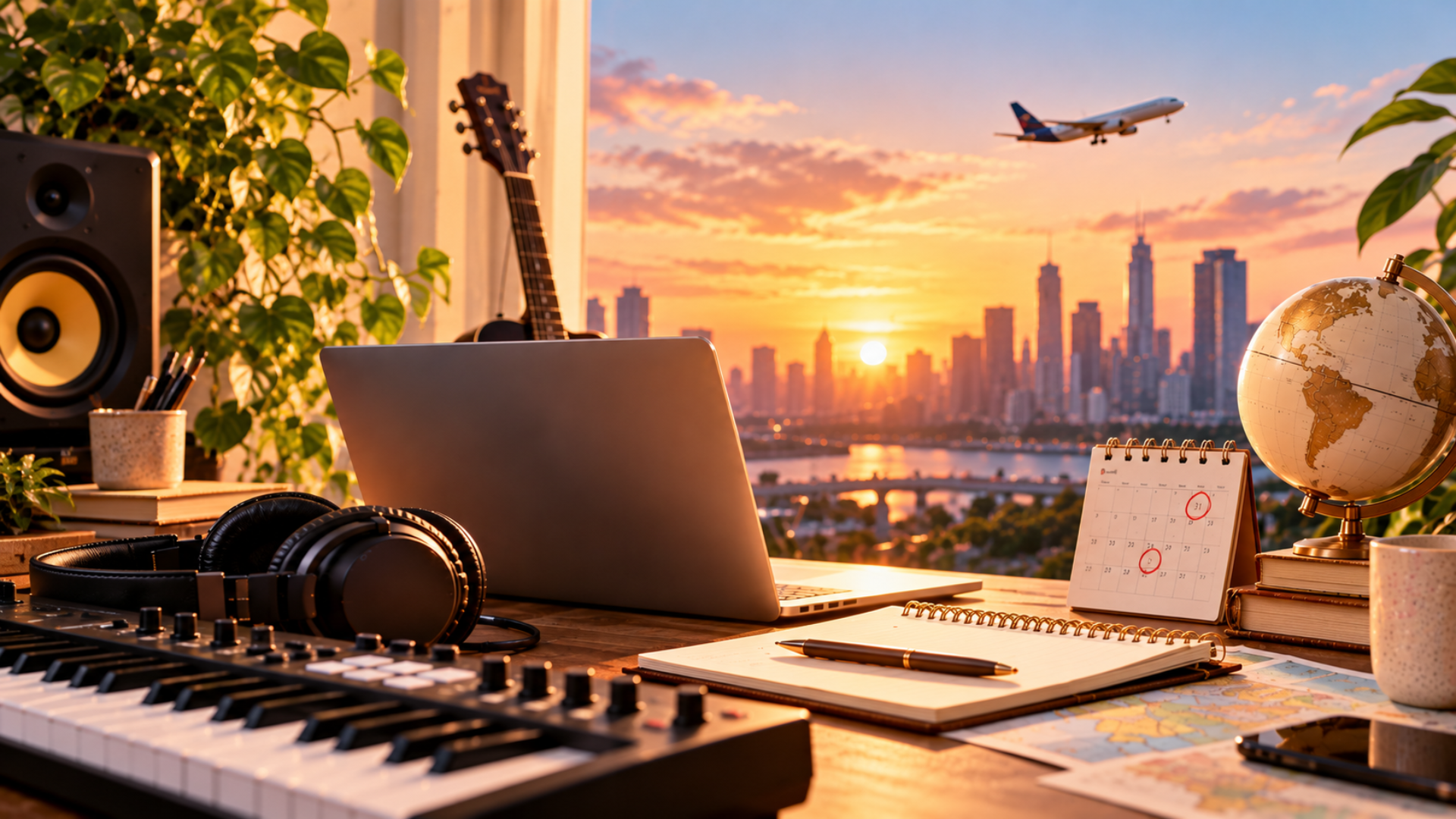 A music production workspace at sunset featuring a MIDI keyboard, laptop, headphones, guitar, desk calendar, notebook and globe, with an airplane flying over the city skyline, representing music jobs, grants and global opportunities for artists.