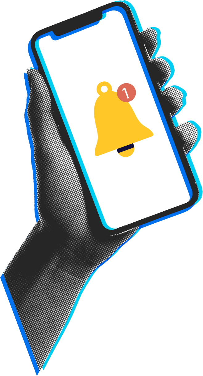 A hand holding a cell-phone with a notification on the screen.