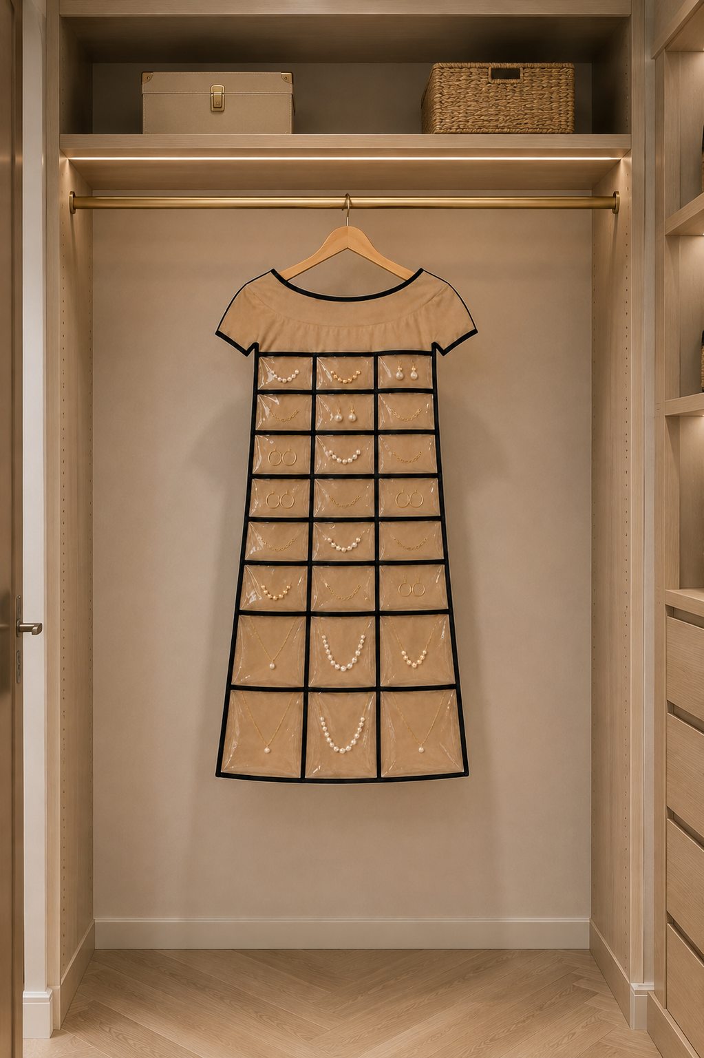 Bella Cache hanging in a warm walk-in closet between linen dresses