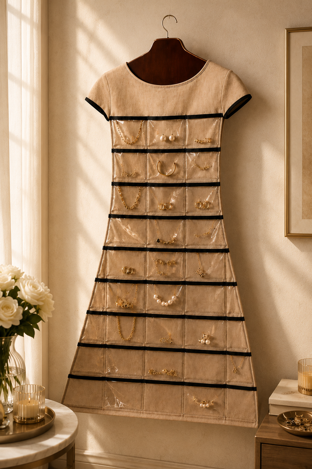 Bella Cache jewelry organizer hanging in a bedroom