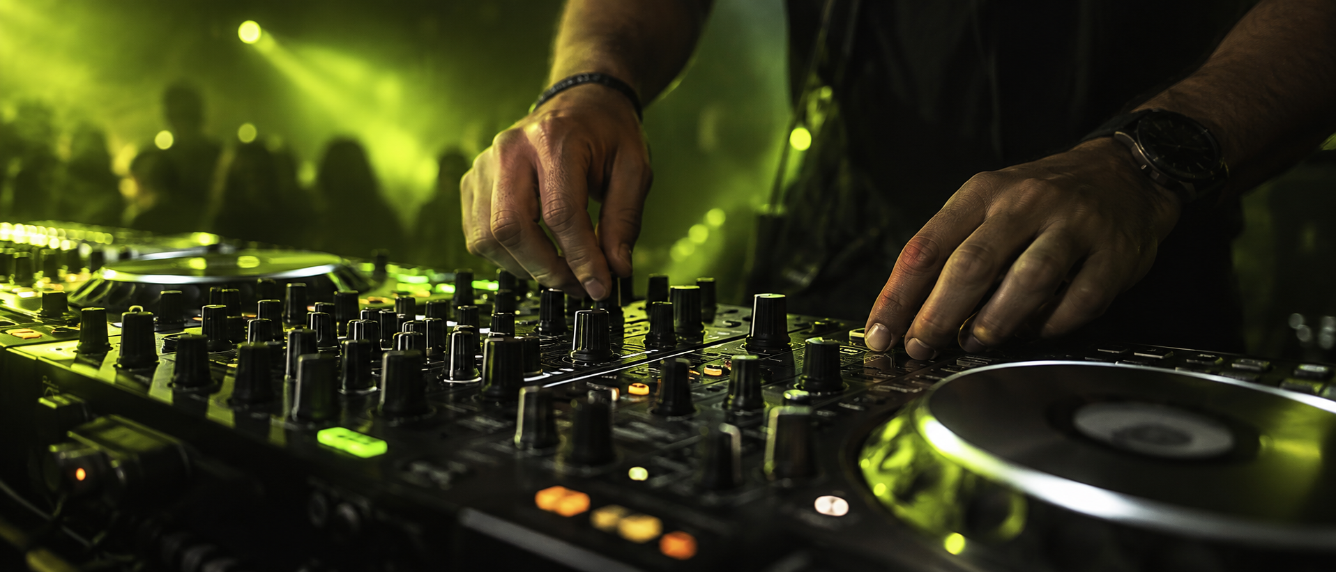 Original atmospheric artwork of DJ equipment under lime stage lights; not a photograph of Tony Rodelli