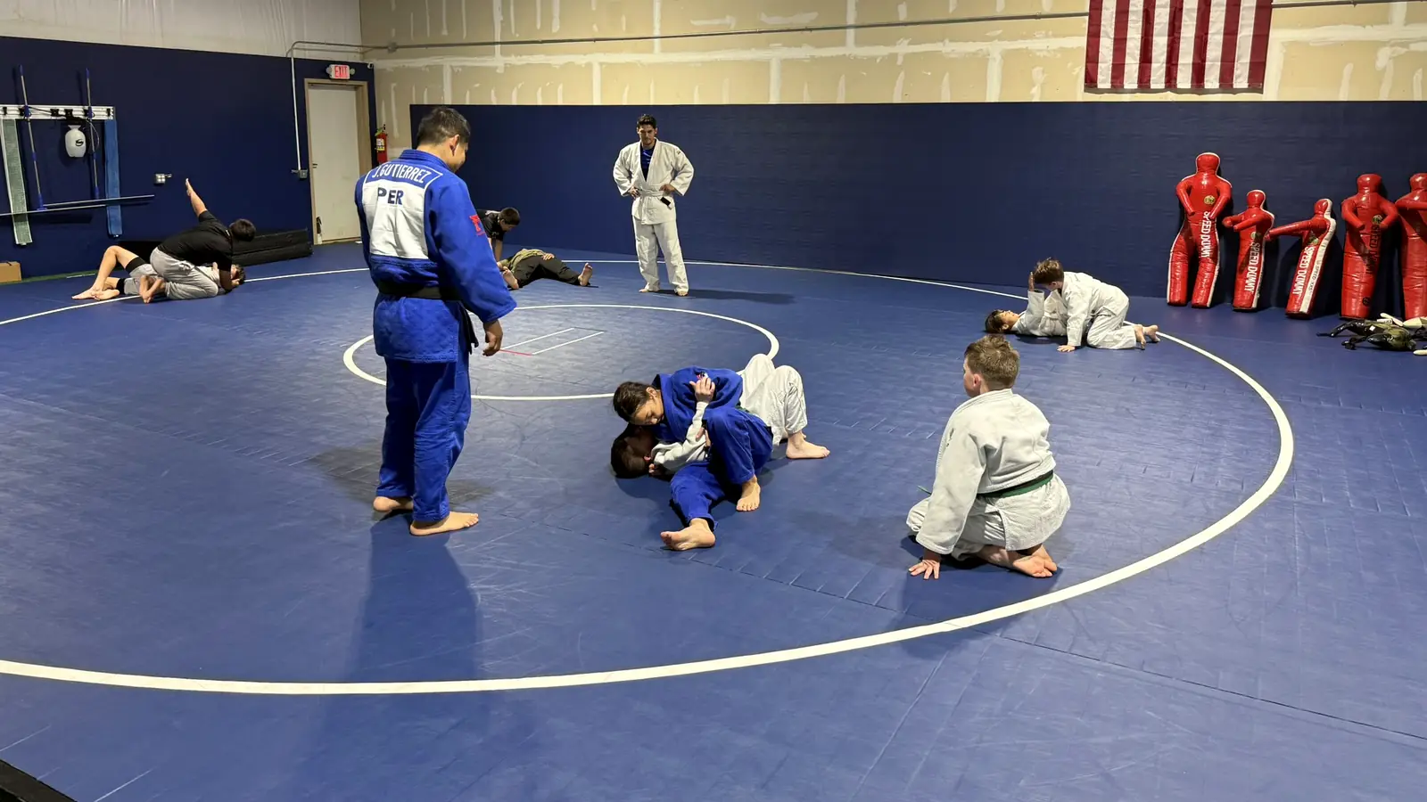 Wide view of the Dominion Academy mats during a judo class